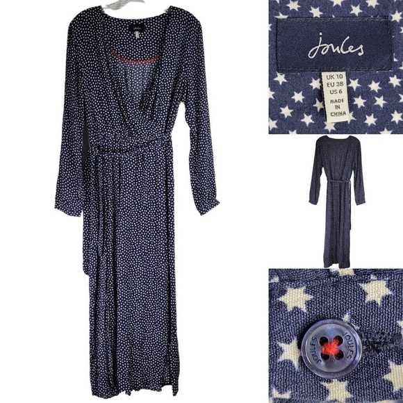 Joules Faux Wrap Maxi Dress Navy Star Print Long Sleeve Womens Size 6 - Picture 1 of 12